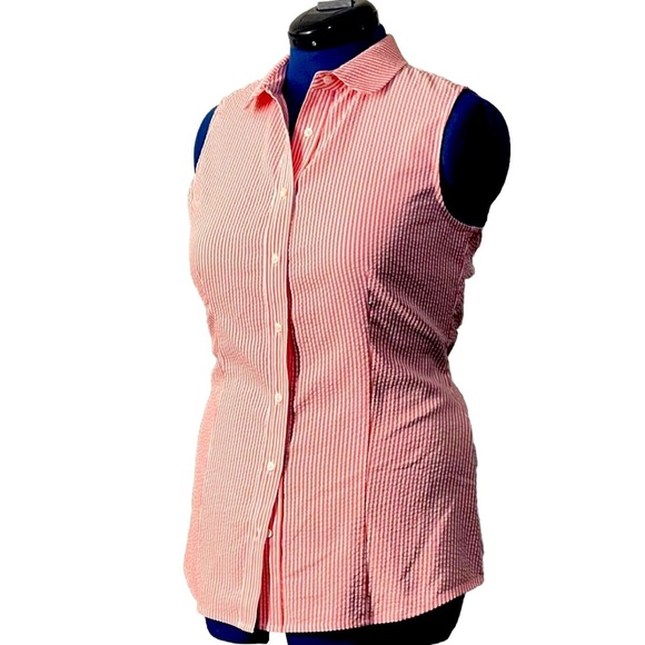 Anne Klein Women’s Sleeveless Front Button Down Collared Striped Pink Shirt Sz 8 - Picture 1 of 9